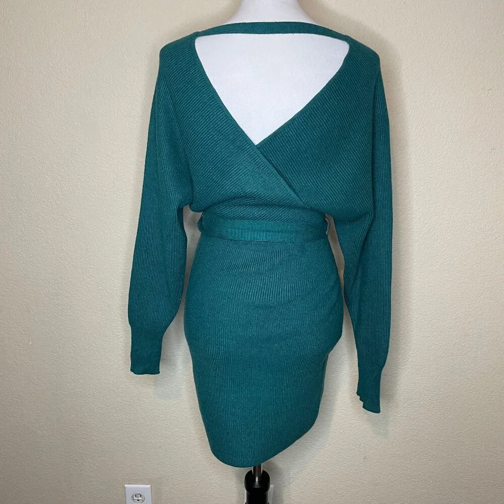 ZESICA Teal Ribbed Wrap Sweater Dress V-Neck Tie Waist Size S